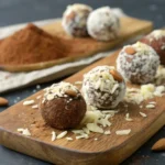 Close-up of no-bake date dessert recipe bites rolled in cocoa powder, coconut, and crushed almonds on a rustic wooden board with soft natural lighting.