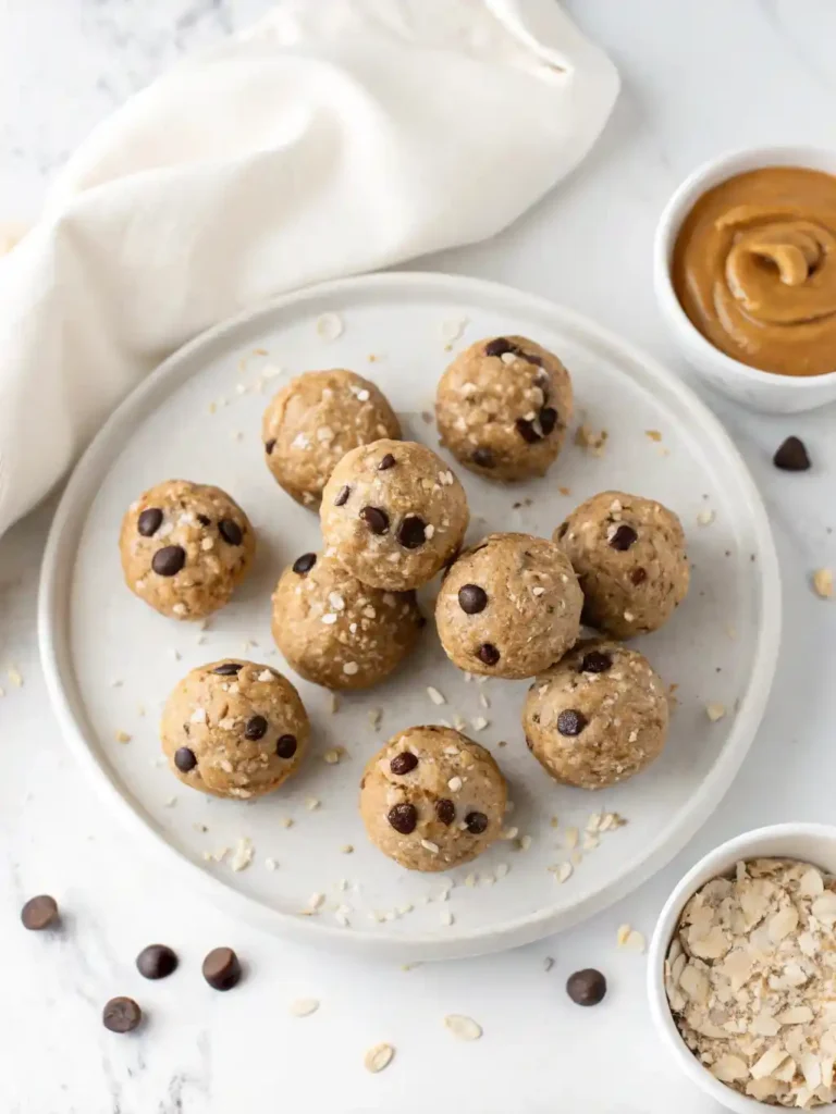 Round no-bake peanut butter protein balls arranged on a white plate, topped with oats and chocolate chips, with a small bowl of peanut butter nearby.