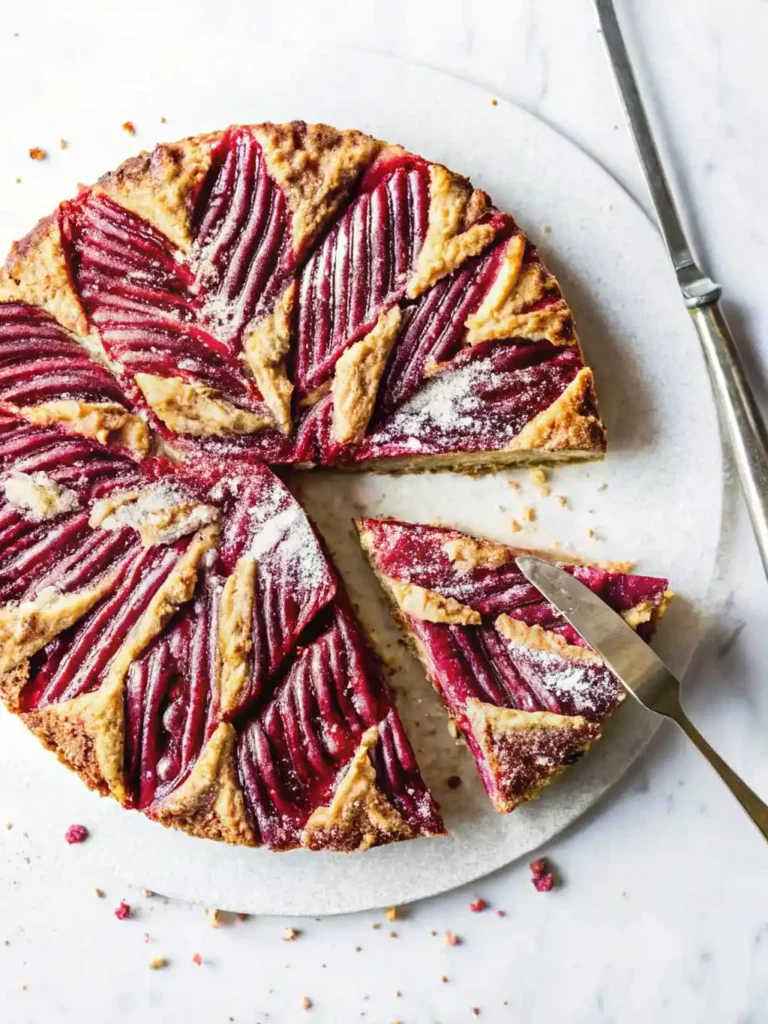 One of the best rhubarb recipes, Sliced rustic rhubarb cake with almond flour crust, featuring fanned rhubarb stalks baked until golden