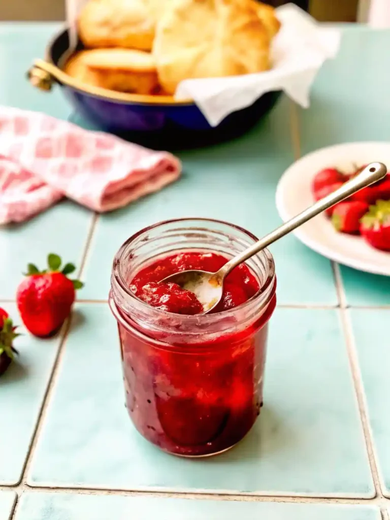 Jar of homemade strawberry rhubarb jam recipe with spoon, served with fresh strawberries and biscuits in the background.