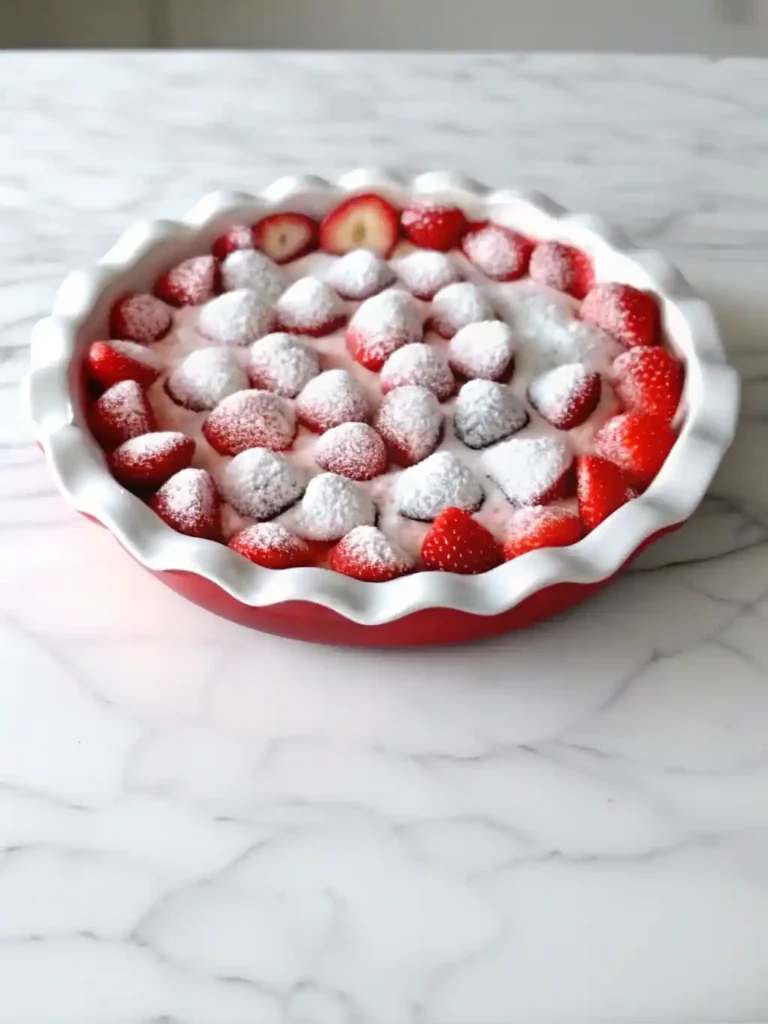 Unbaked fresh strawberry dessert in a red pie dish with whole strawberries and powdered sugar