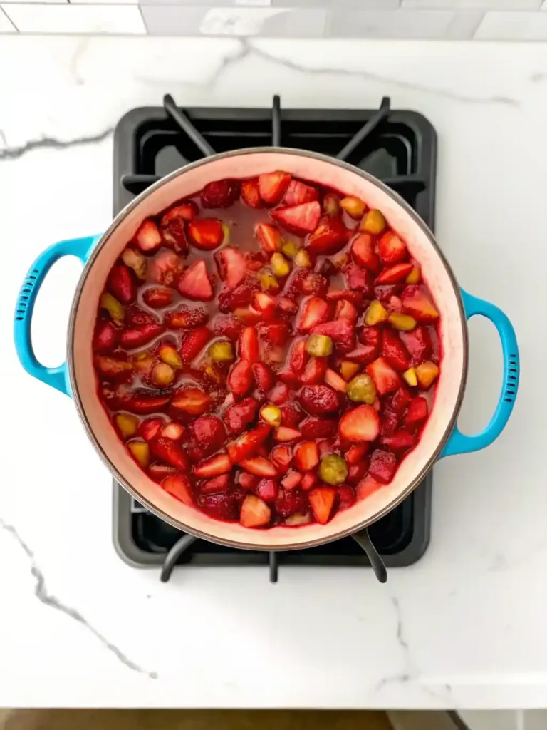Chopped strawberries and rhubarb cooking in a pot to make homemade strawberry rhubarb jam recipe.
