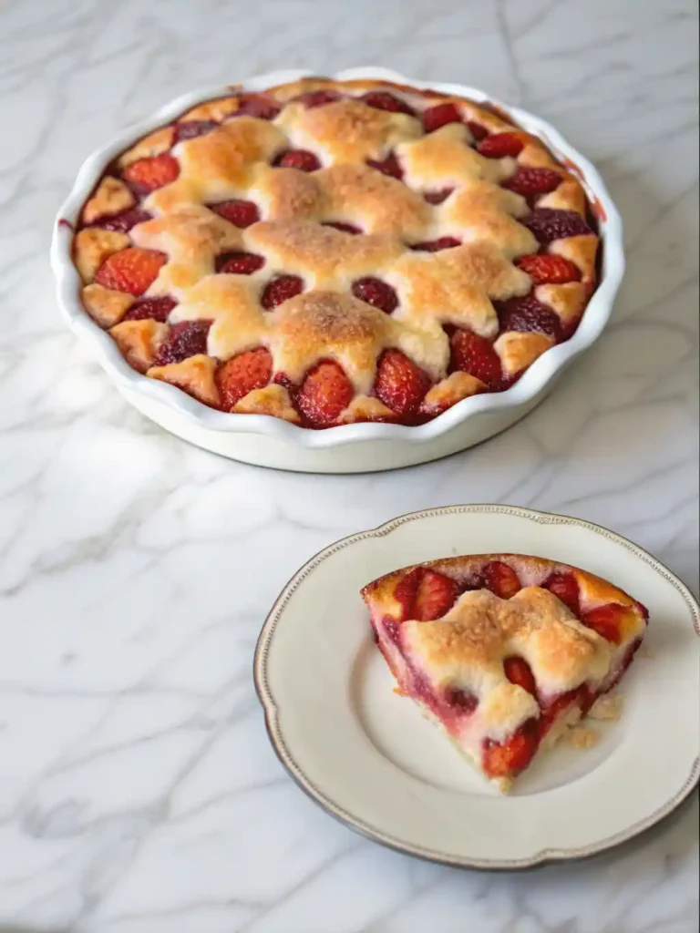 A slice of baked fresh strawberry cake showing juicy strawberries and golden crust on a dessert plate