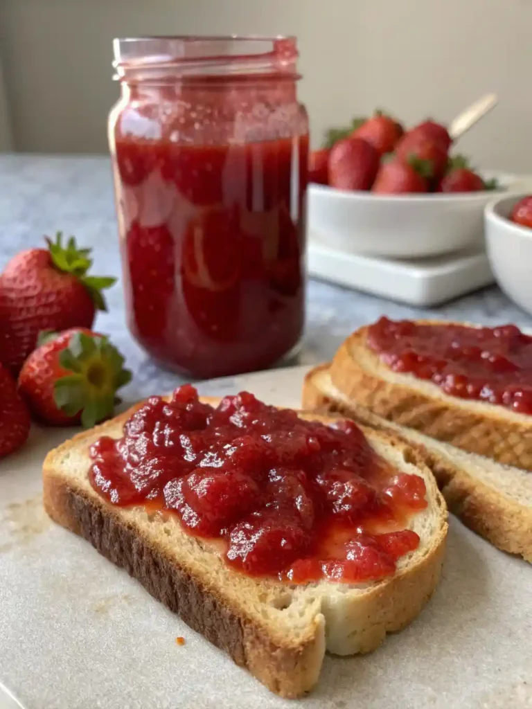 Close-up of homemade Strawberry rhubarb jam recipe spread on toast with a jar of jam and fresh strawberries in the background.