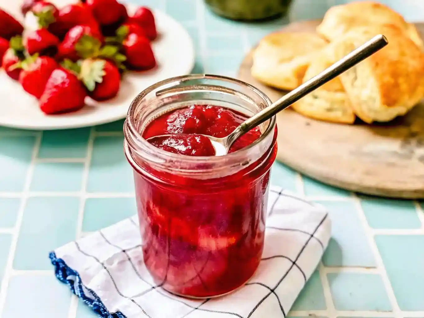 Jar of homemade strawberry rhubarb jam recipe with spoon, served alongside fresh strawberries and fluffy biscuits.
