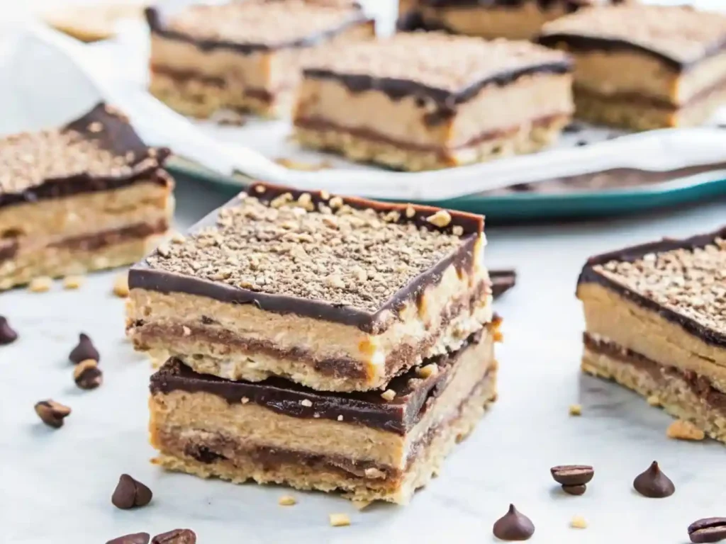 Close-up of two Disneyland Peanut Butter Squares stacked on each other with chocolate chips scattered around.