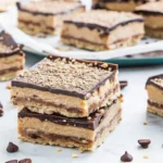 Close-up of two Disneyland Peanut Butter Squares stacked on each other with chocolate chips scattered around.