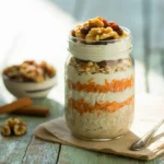 Creamy carrot cake overnight oats in a glass jar topped with walnuts, raisins, and cinnamon – an easy, healthy breakfast recipe ready overnight!