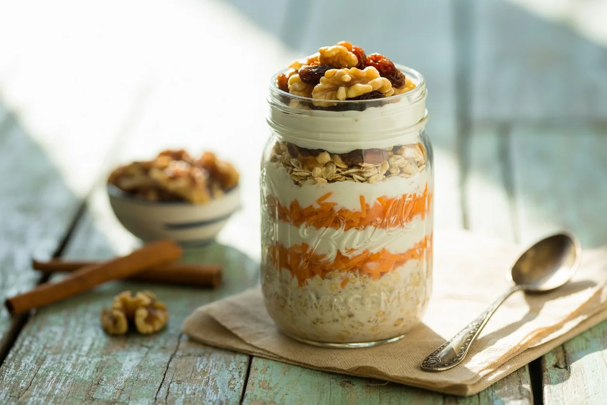 Creamy carrot cake overnight oats in a glass jar topped with walnuts, raisins, and cinnamon – an easy, healthy breakfast recipe ready overnight!