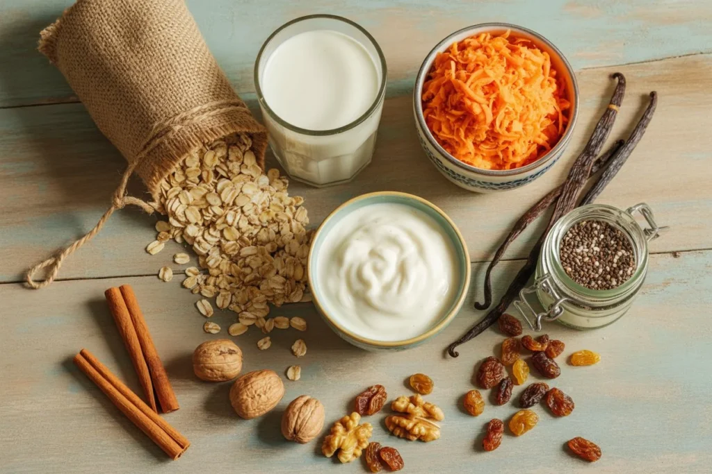 Healthy ingredients for carrot cake overnight oats: rolled oats, grated carrots, walnuts, chia seeds, cinnamon, and almond milk – a nutritious breakfast!