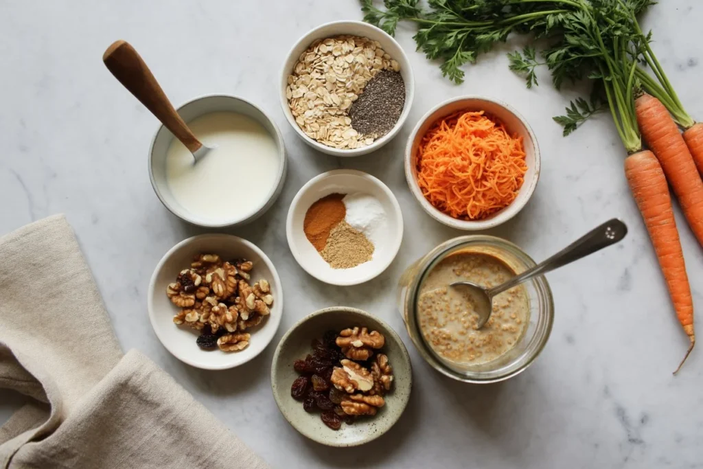 Step-by-step preparation for carrot cake overnight oats: mixing almond milk, oats, chia seeds, grated carrots, and spices in bowls – simple 10-minute recipe!