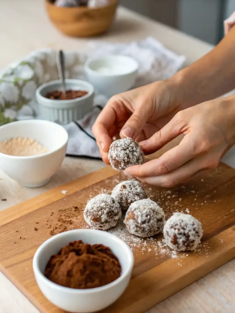 Close-up of hands rolling date truffles with coconut and cocoa powder on a wooden surface, with bowls of ingredients nearby in a cozy kitchen setting.