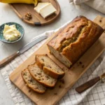 A moist banana bread loaf made with Greek yogurt, sliced and served on a wooden board