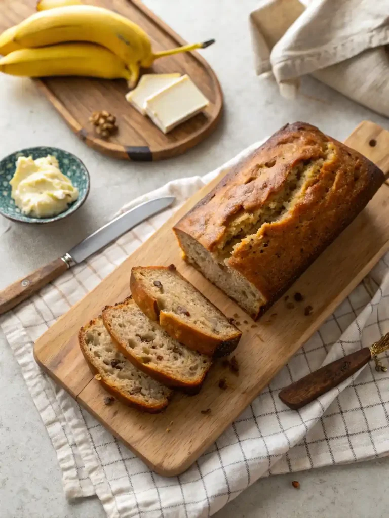 A moist banana bread loaf made with Greek yogurt, sliced and served on a wooden board, one of my best desserts with greek yogurt