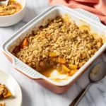 Top-down view of warm peach crisp in a white baking dish, one scoop missing to reveal the juicy filling—Mom’s classic recipe.