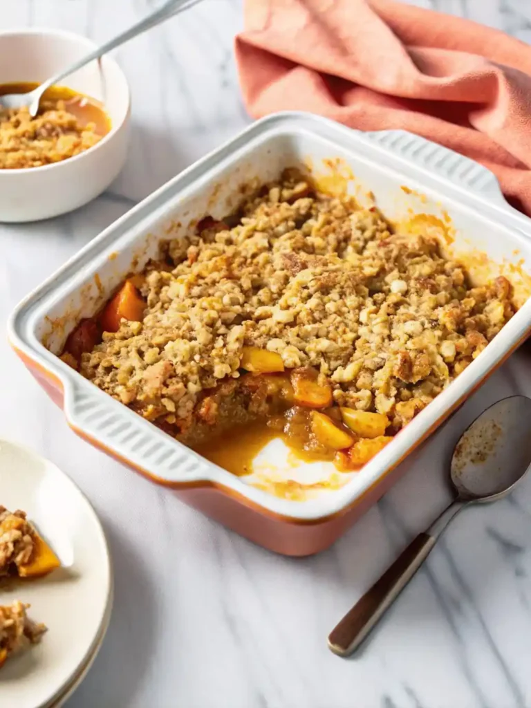 Top-down view of warm peach crisp in a white baking dish, one scoop missing to reveal the juicy filling—Mom’s classic recipe.