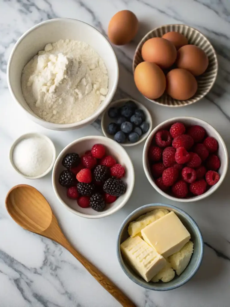Overhead view of measured ingredients for a Chantilly berry cake recipe, including flour, sugar, eggs, butter, cream, mascarpone, berries, and vanilla on a white surface.