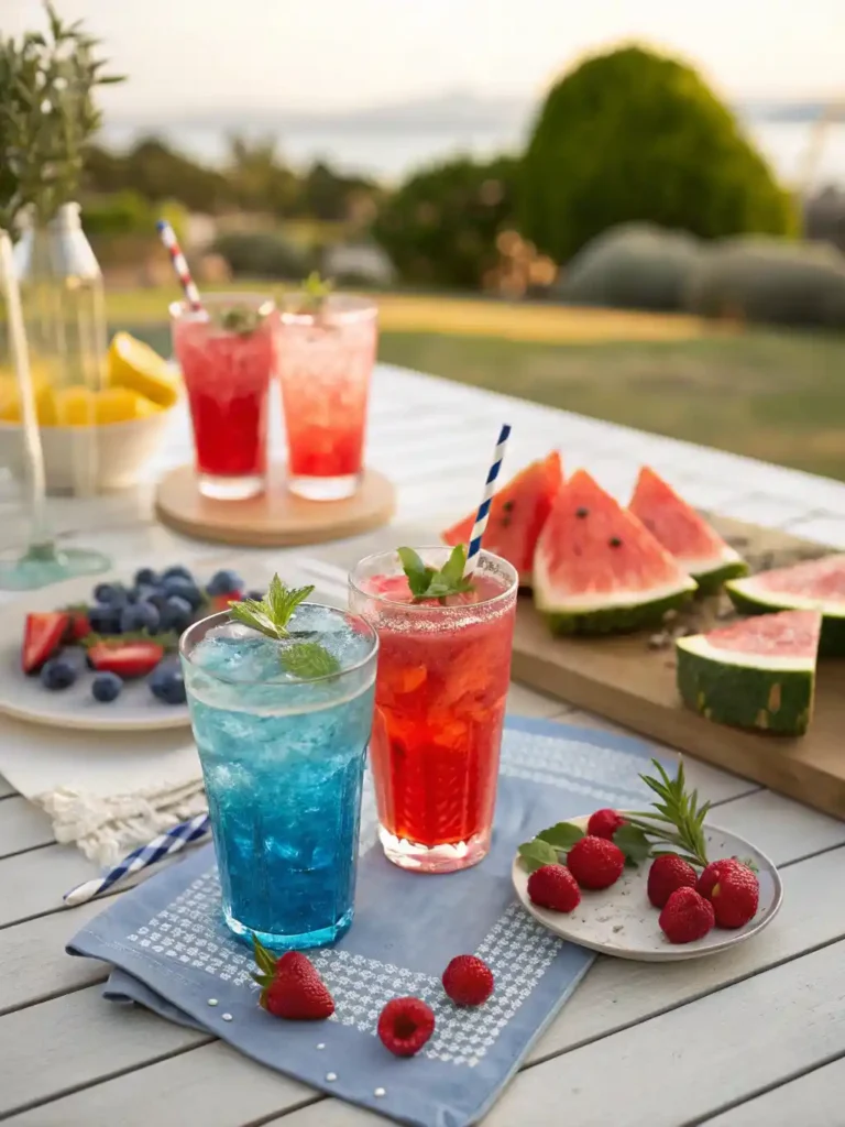 Outdoor party with festive cocktails and summer food.