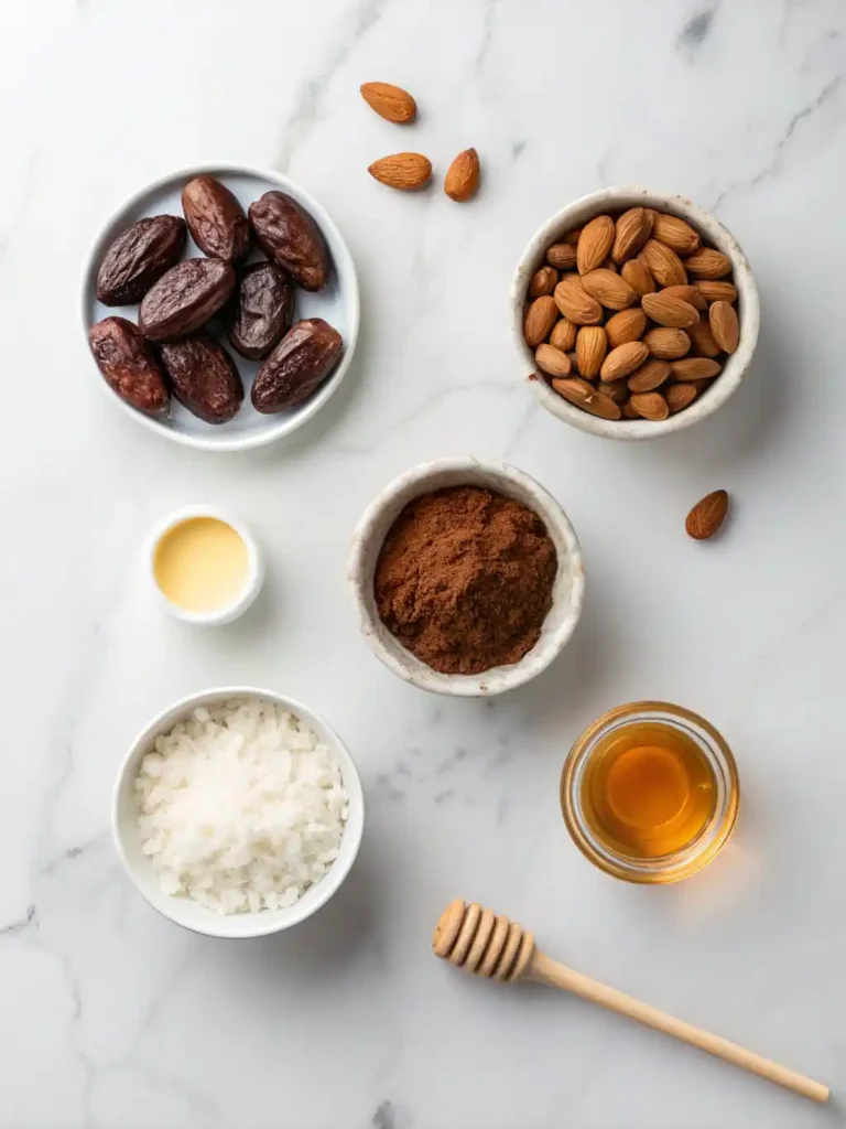 Overhead view of dates, almonds, shredded coconut, cocoa powder, and honey laid out on a white marble background with a food processor in the center.