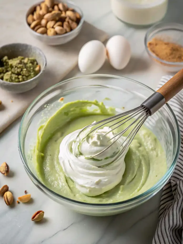 Mixing pistachio pudding dessert recipe with whipped topping in a glass bowl using a spatula.