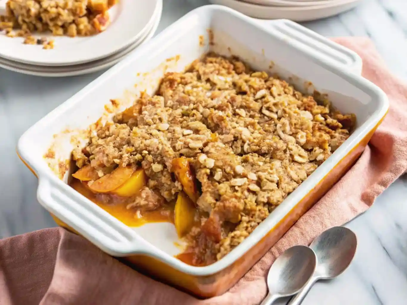 Homemade peach crisp in a baking dish with golden oat topping – peach recipes dessert