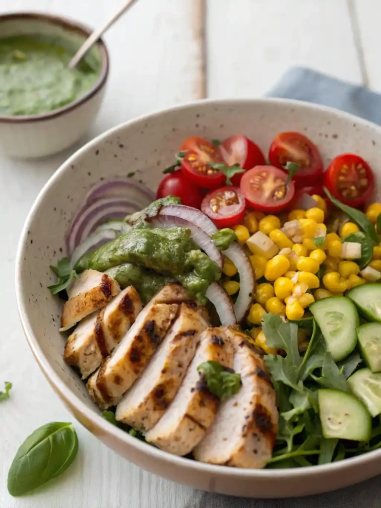 Close-up of grilled chicken salad with corn, cucumber, red onion, and basil dressing in a ceramic bowl on white table, one of the greatest summer dinner recipes