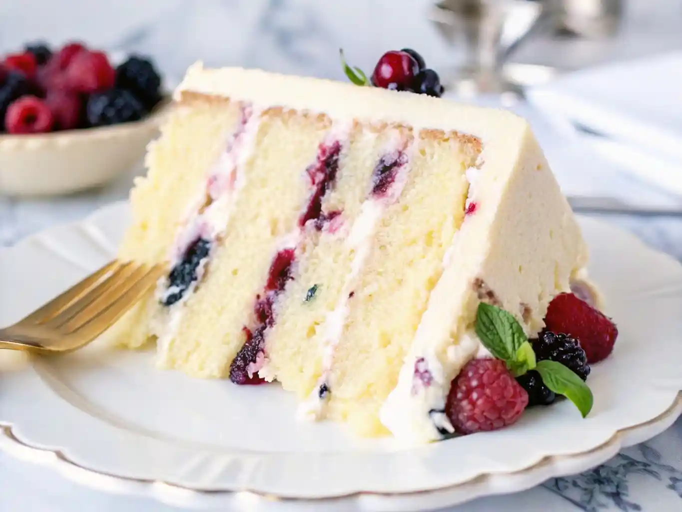 Close-up of a slice of Chantilly berry cake recipe on a white plate, showing layered vanilla sponge, whipped cream frosting, and fresh mixed berries.