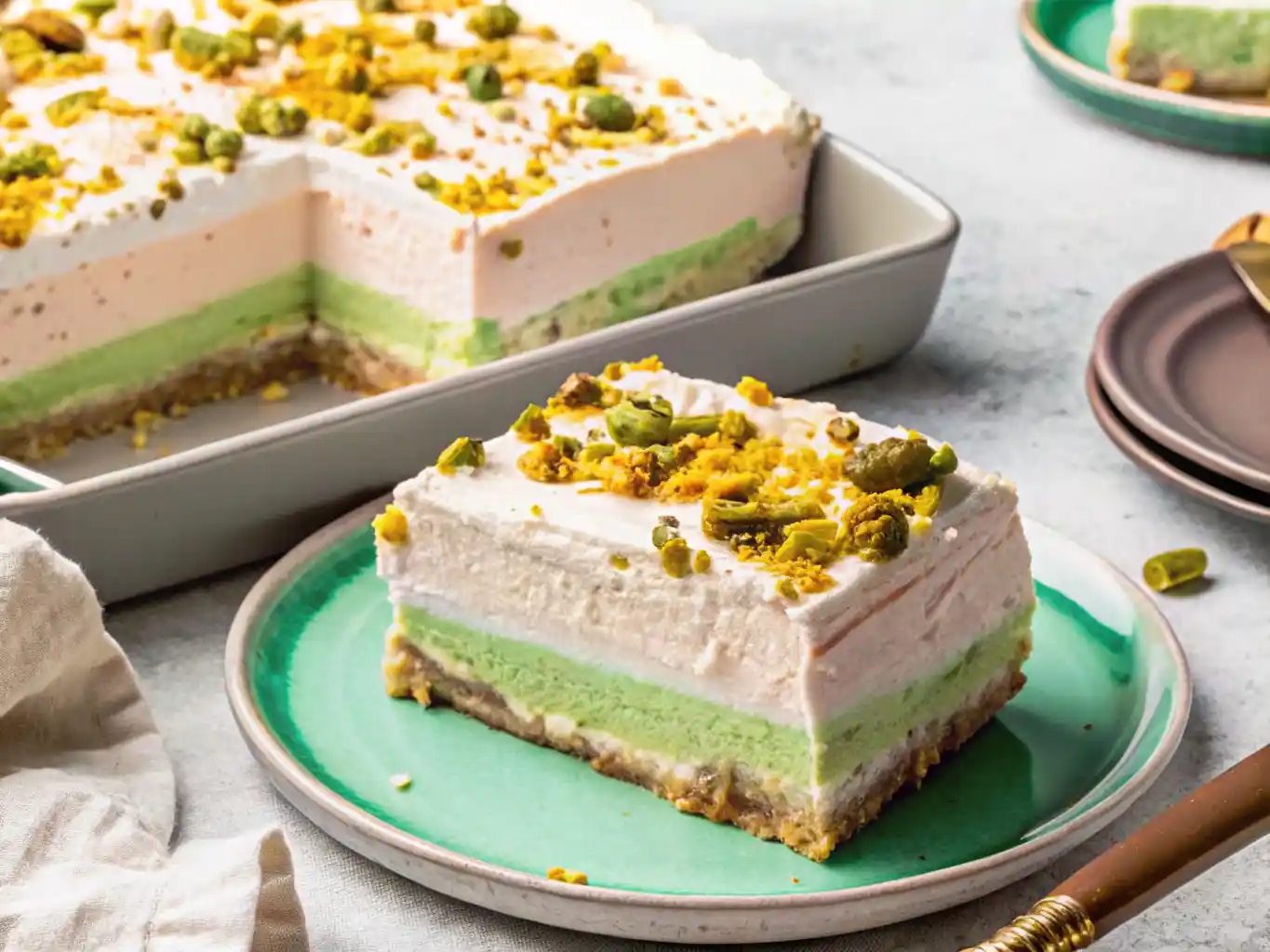 Overhead view of a creamy pistachio pudding dessert recipe in a rustic bowl topped with whipped cream and chopped pistachios.