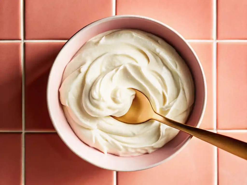 Smooth and thick homemade Greek yogurt in a pink bowl with a golden spoon on a pink tile background.