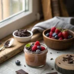 Two small glass jars filled with cottage cheese chocolate mousse topped with berries and chocolate shavings on a rustic kitchen counter.