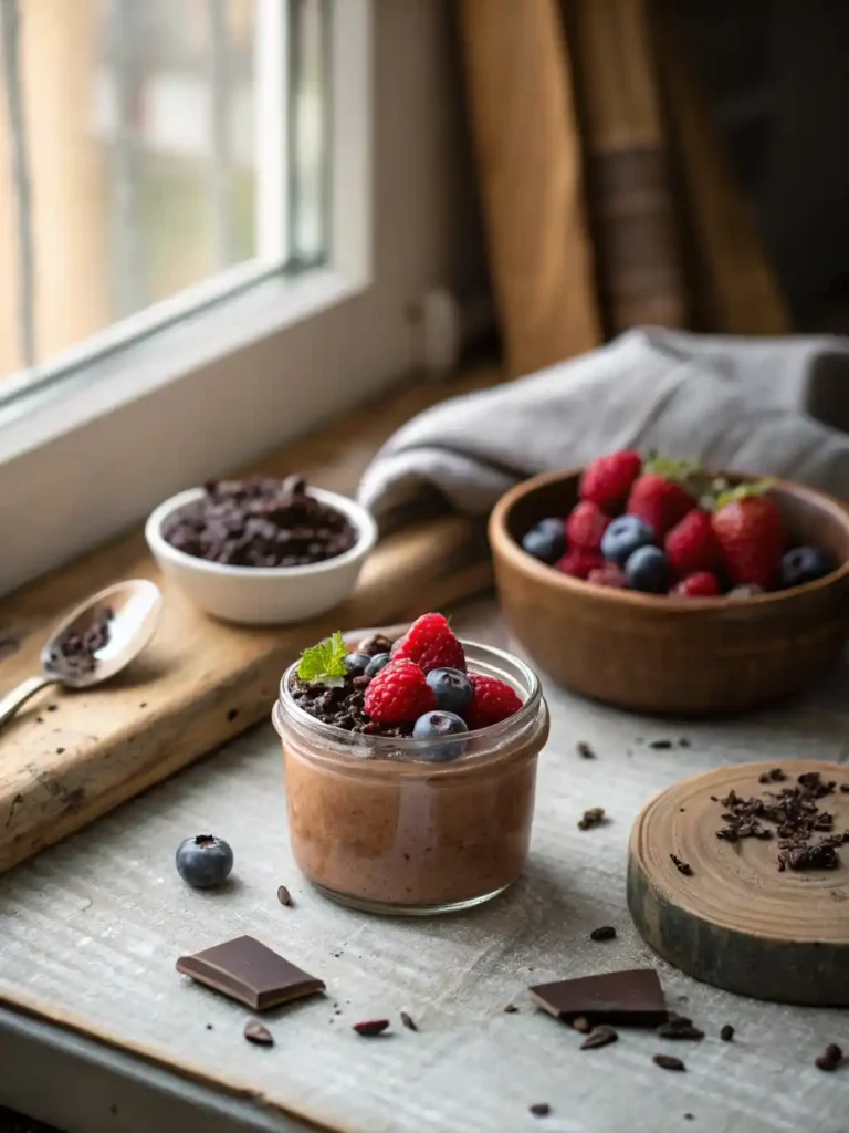 One small glass jar filled with cottage cheese chocolate mousse recipe topped with berries and chocolate shavings on a rustic kitchen counter.