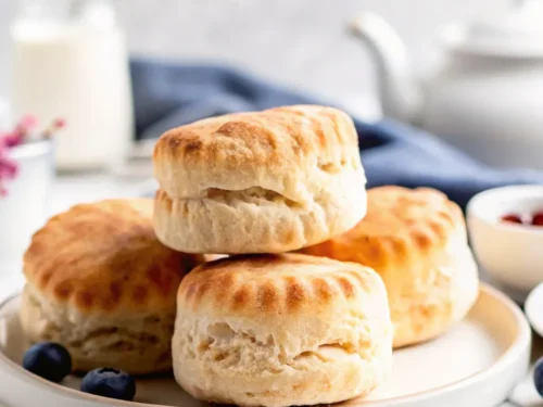 Golden, fluffy 2 ingredient Greek yogurt biscuits stacked on a white plate with jam and cream in the background.