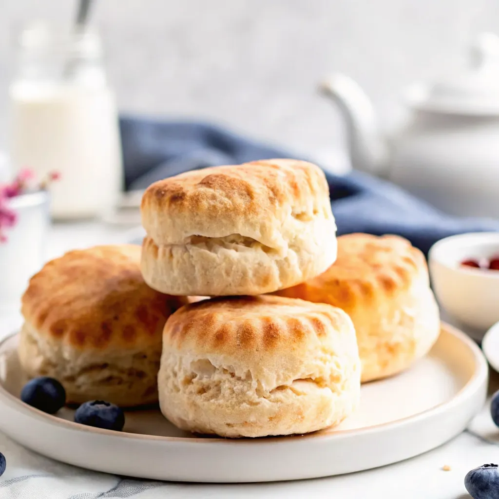 Golden, fluffy 2 ingredient Greek yogurt biscuits stacked on a white plate with jam and cream in the background.