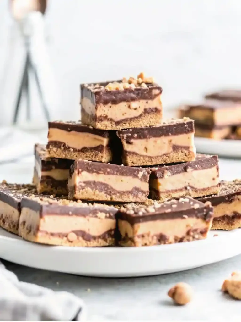 Stacked Disneyland Peanut Butter Squares showing distinct peanut butter, graham, and chocolate layers.