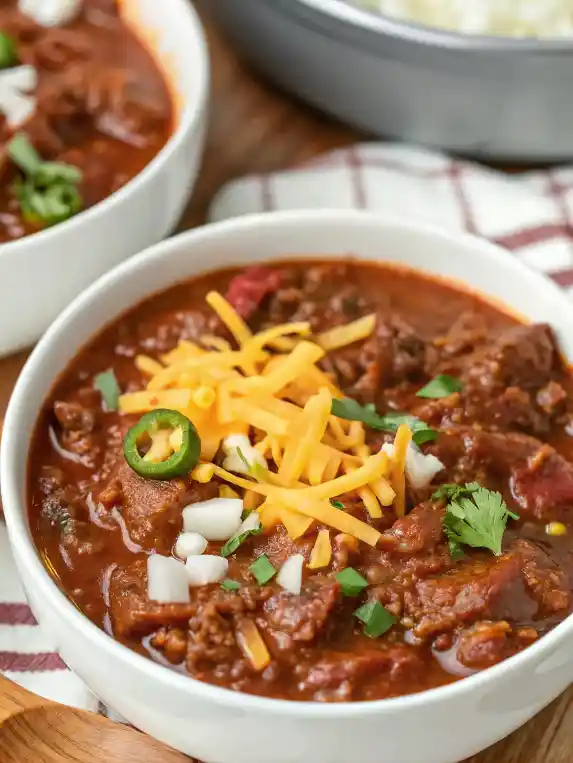 Bowl of authentic Texas chili recipe with beef, spices, and no beans.
