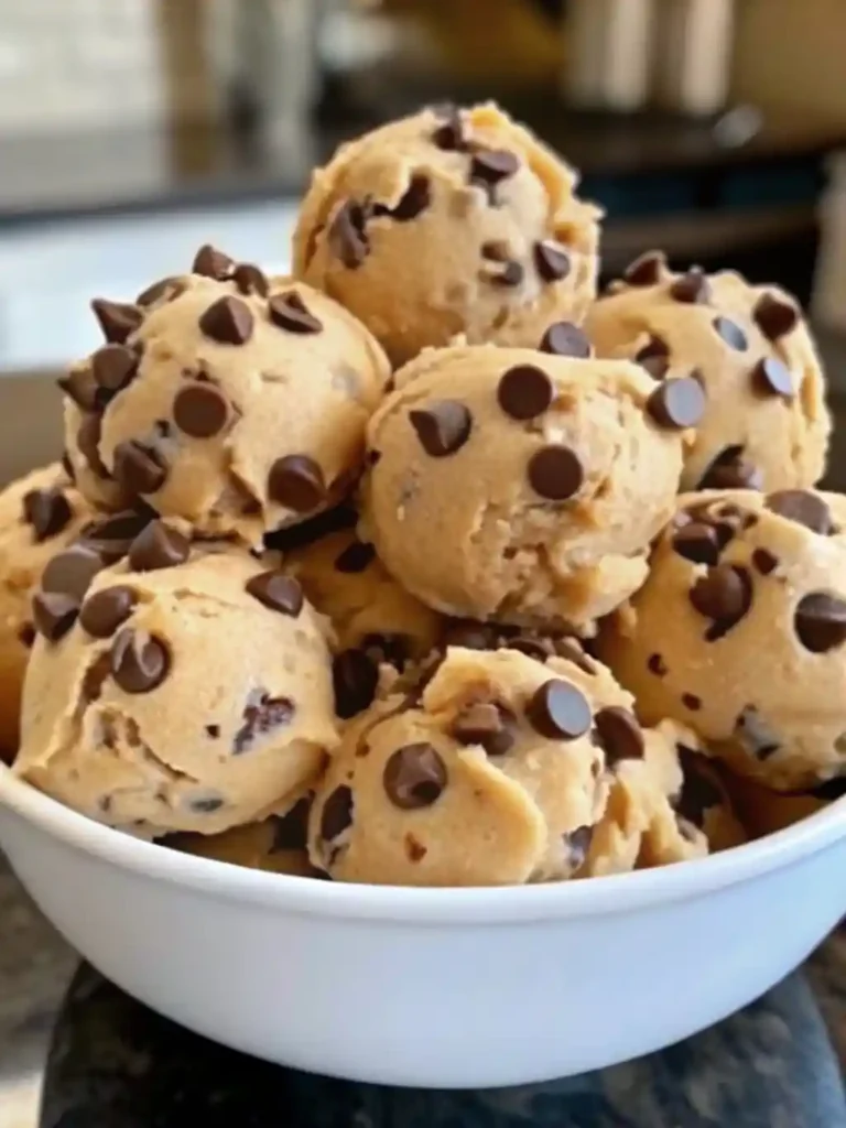 Frozen Greek Yogurt Peanut Butter Bites stacked in a white bowl, topped with chocolate chips