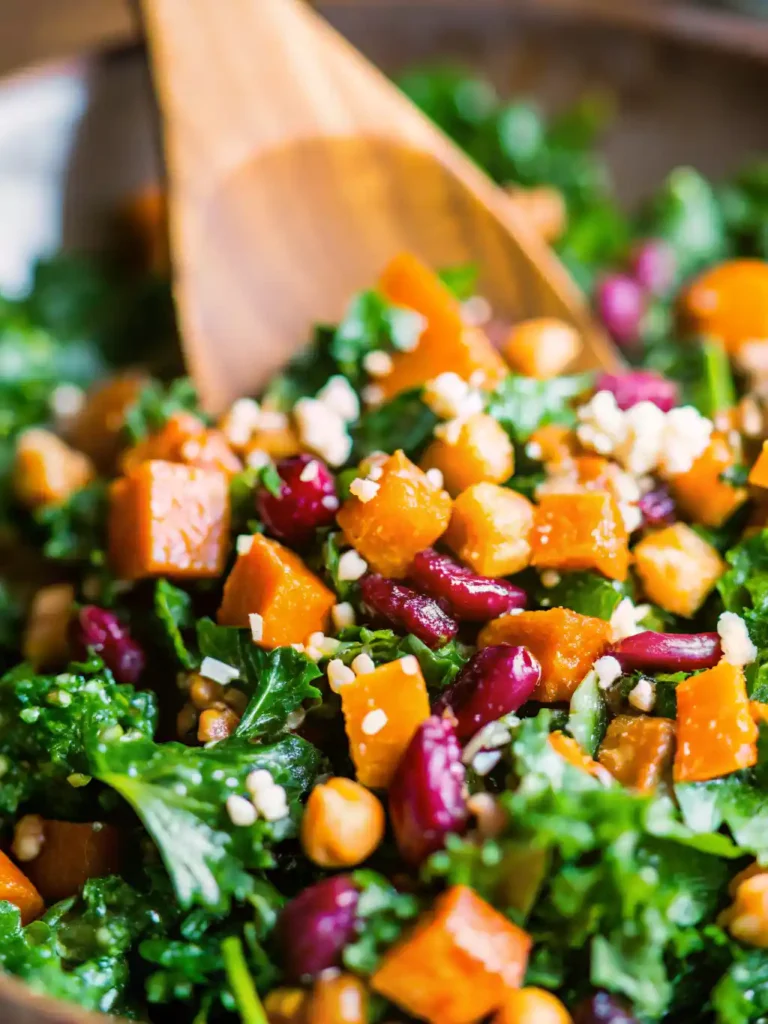 Hearty Chickpea Kale and Butternut Squash Salad, protein-rich chickpeas, and sweet dried cranberries.