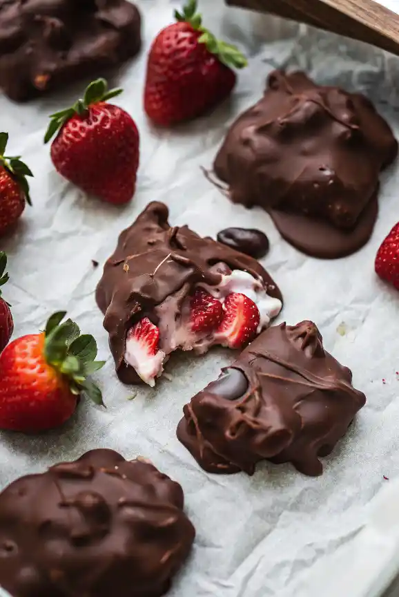 Homemade chocolate-dipped strawberry yogurt clusters cooling on parchment paper.