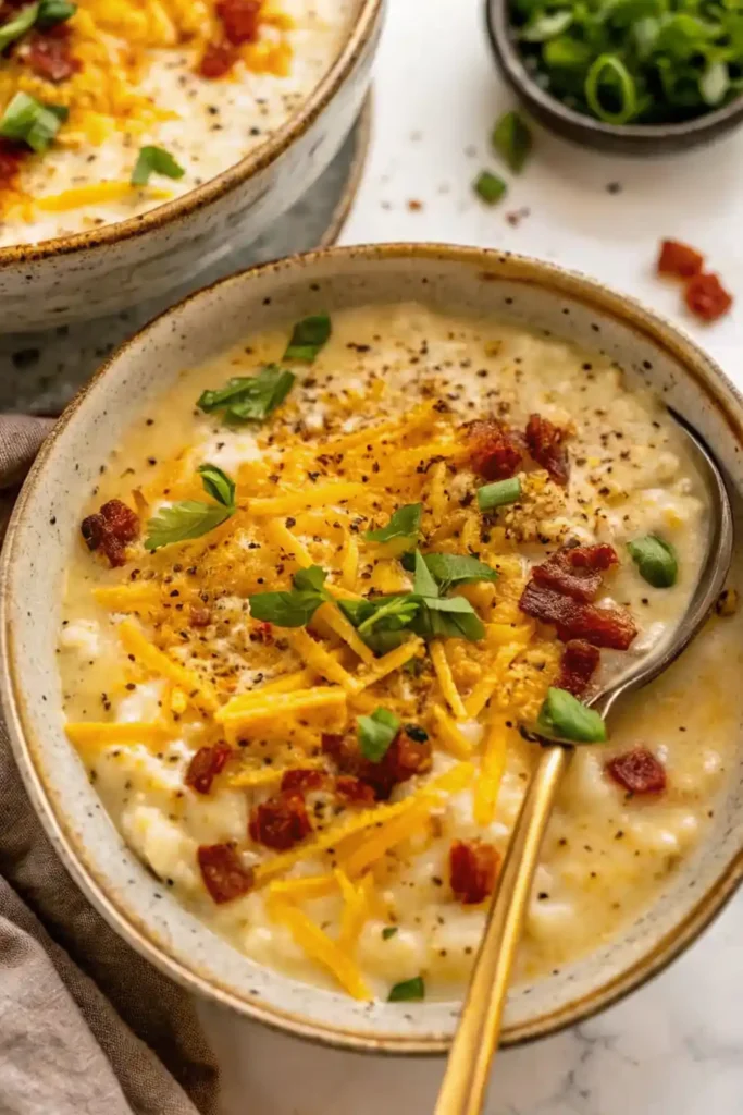 Overhead shot of plated crock pot crack potato soup in bowls.