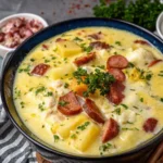 Delicious kielbasa potato soup with crispy sausage, cheesy broth, and tender potatoes.