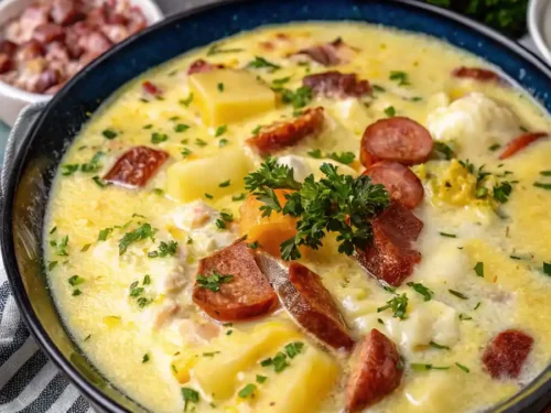 Delicious kielbasa potato soup with crispy sausage, cheesy broth, and tender potatoes.