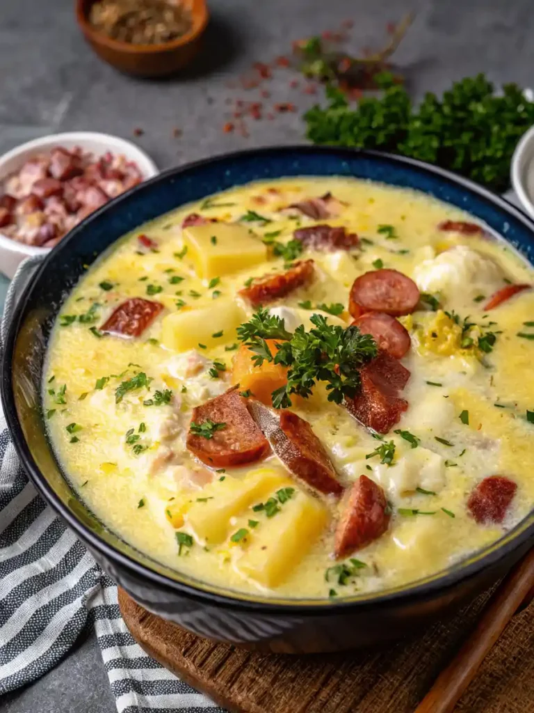 Delicious kielbasa potato soup with crispy sausage, cheesy broth, and tender potatoes.