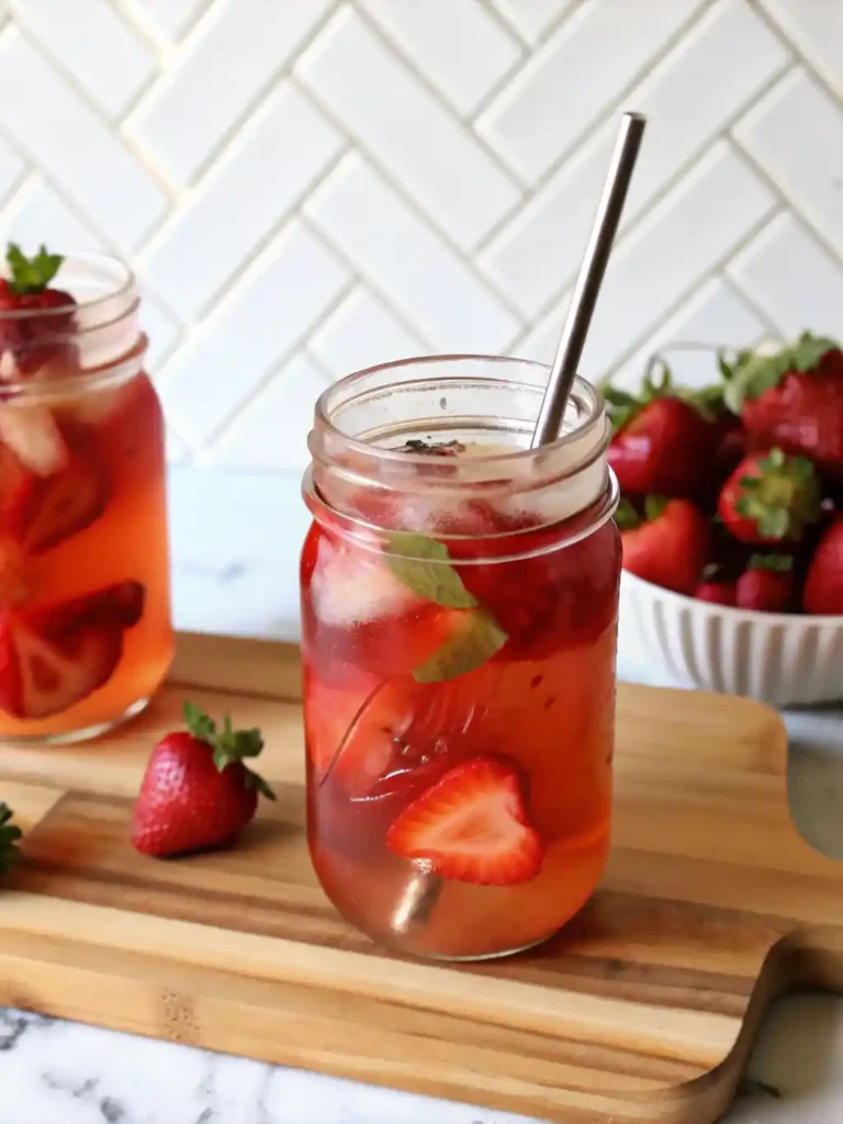 Mason jar filled with iced strawberry green tea, fresh strawberry slices, and mint leaves, served with a metal straw on a wooden board.