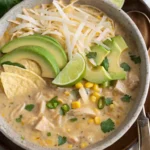 Delicious bowl of white chicken chili with tender chicken, beans, and spices