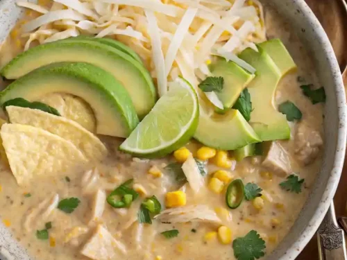 Delicious bowl of white chicken chili with tender chicken, beans, and spices