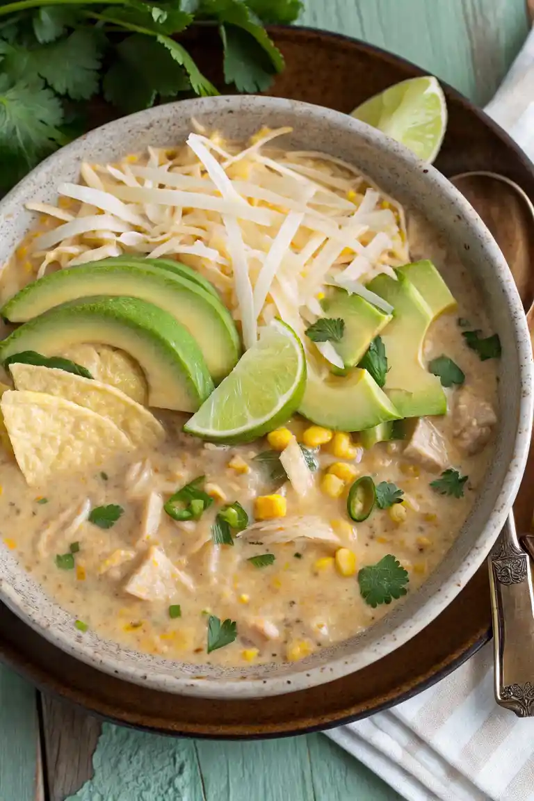 Delicious bowl of white chicken chili with tender chicken, beans, and spices