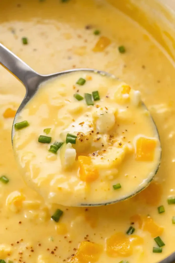 a ladle of cheesy potato soup