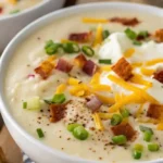 A close up view of the best creamy potato soup, topped with bacon, sour cream, chives, and cheddar cheese