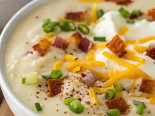 A close up view of the best creamy potato soup, topped with bacon, sour cream, chives, and cheddar cheese