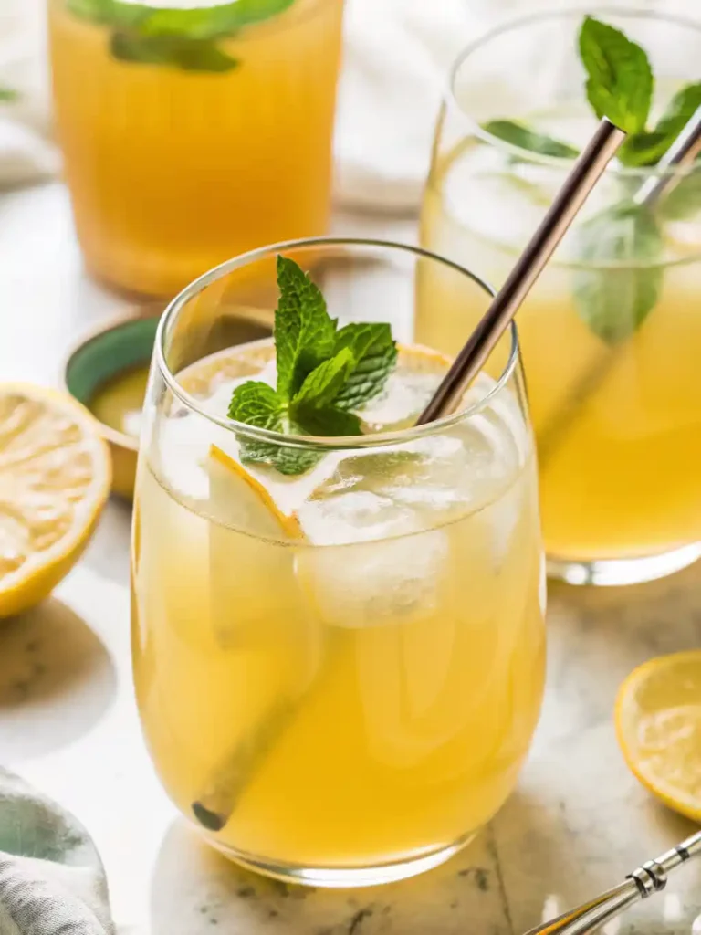 Refreshing iced green tea lemonade in a glass with ice cubes, lemon slice, and mint garnish, perfect for summer recipe ideas.